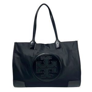 Tory Burch Large Tote Bag Black Ella Nylon Patent Leather Trim Handbag Logo